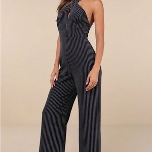 NWT | Lulu's | Navy Pinstripe Halter Jumpsuit | xs